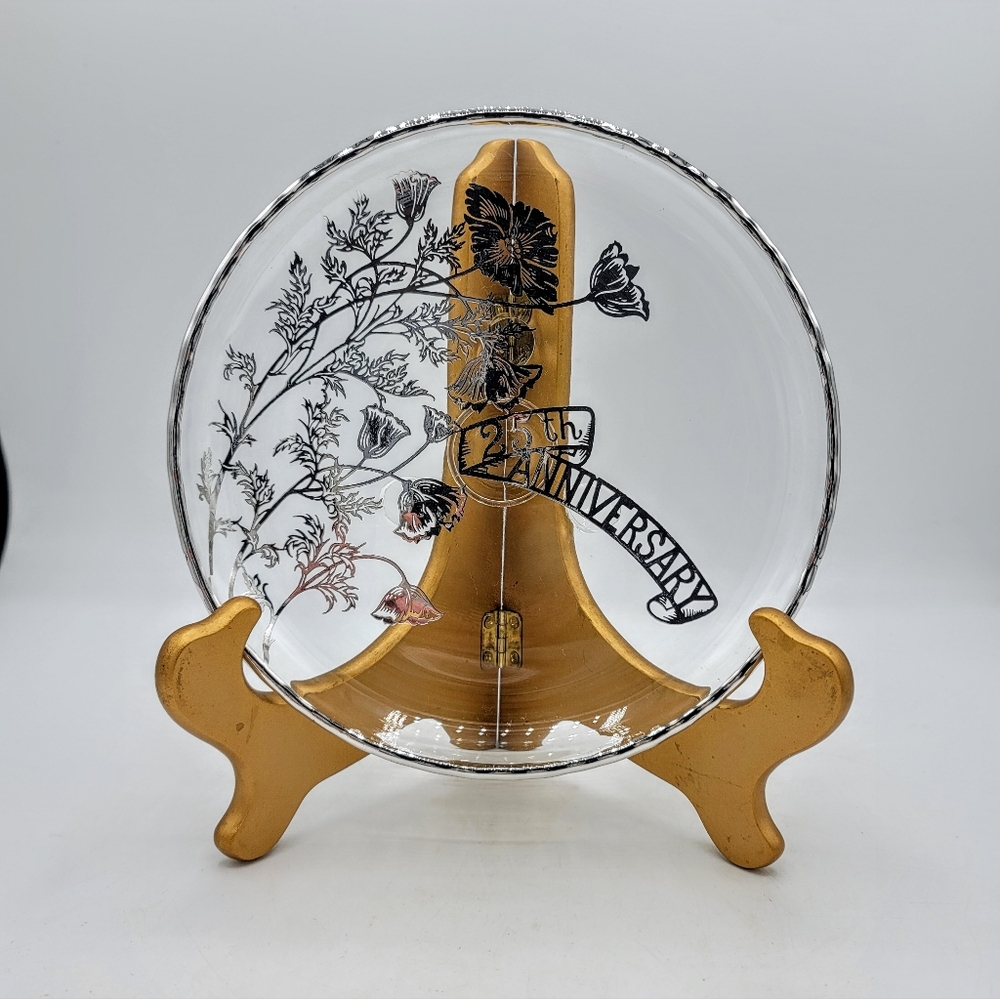 Mid Century 25th Anniversary Silver Floral Glass Plate w Feet Wedding Display